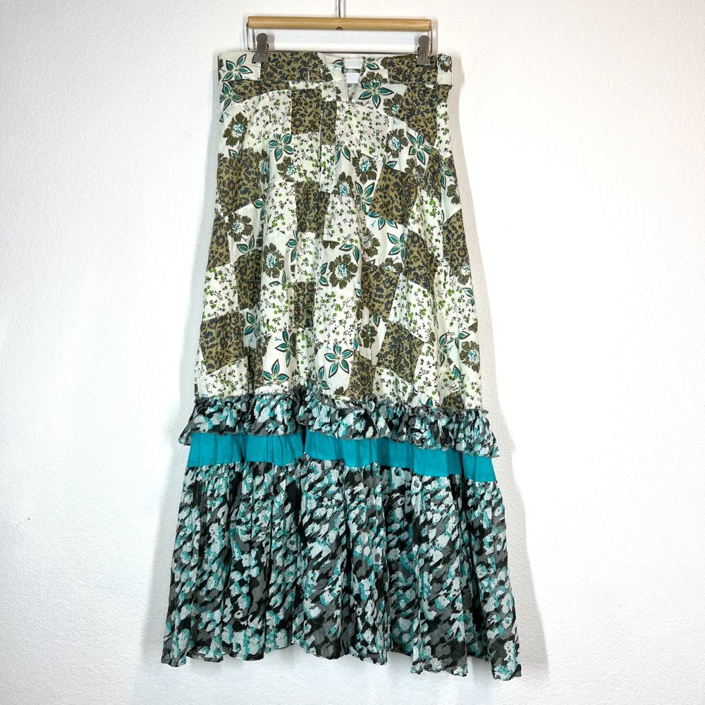 Anthropologie Floral Patchwork Maxi Skirt Ruffle Cotton Blue Motif Modified - Picture 3 of 12